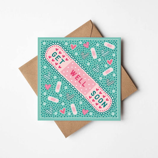 Turquoise cute get well soon card featuring plaster illustration Supplied with a kraft brown recycled envelope Blank inside