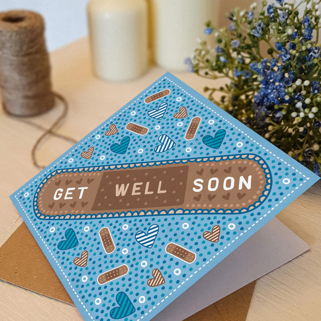 Blue cute get well soon card photographed with blue flower and brown twine Supplied with kraft brown recycled envelope Blank inside