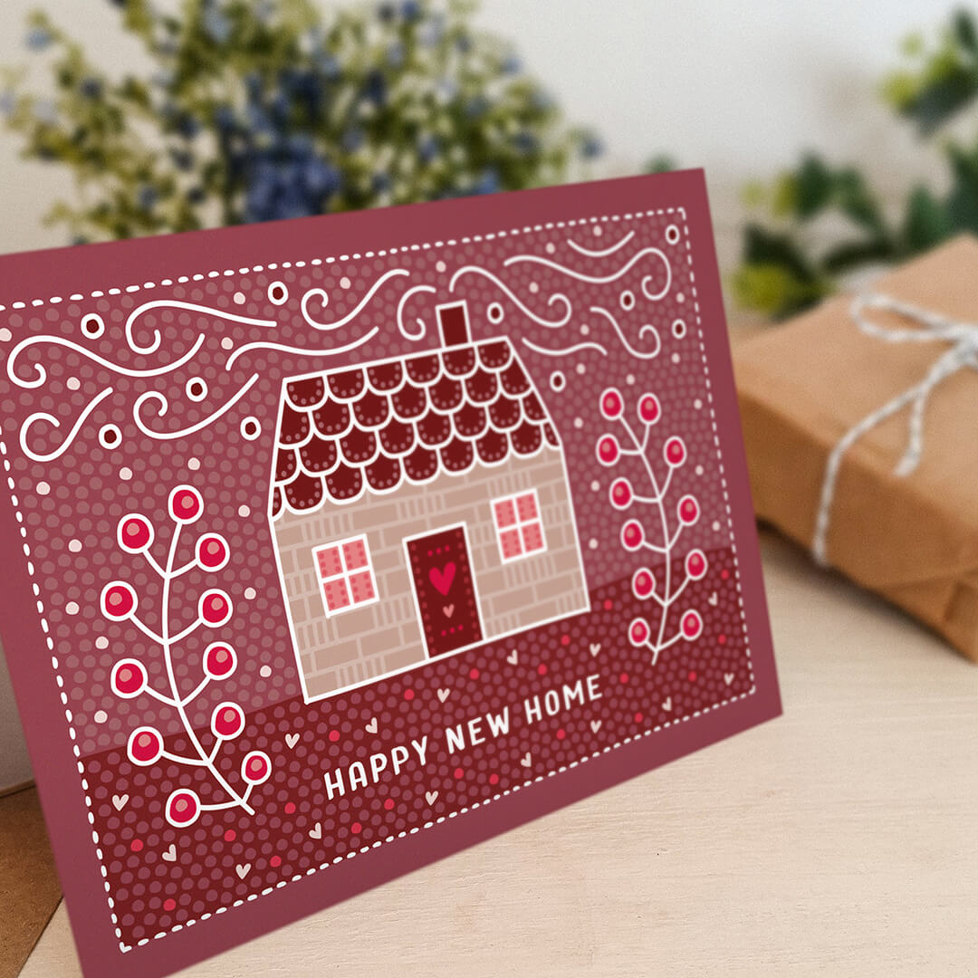unique happy new home card cute pink happy new home card Printed on FSC certified card and supplied with a recycled kraft brown envelope