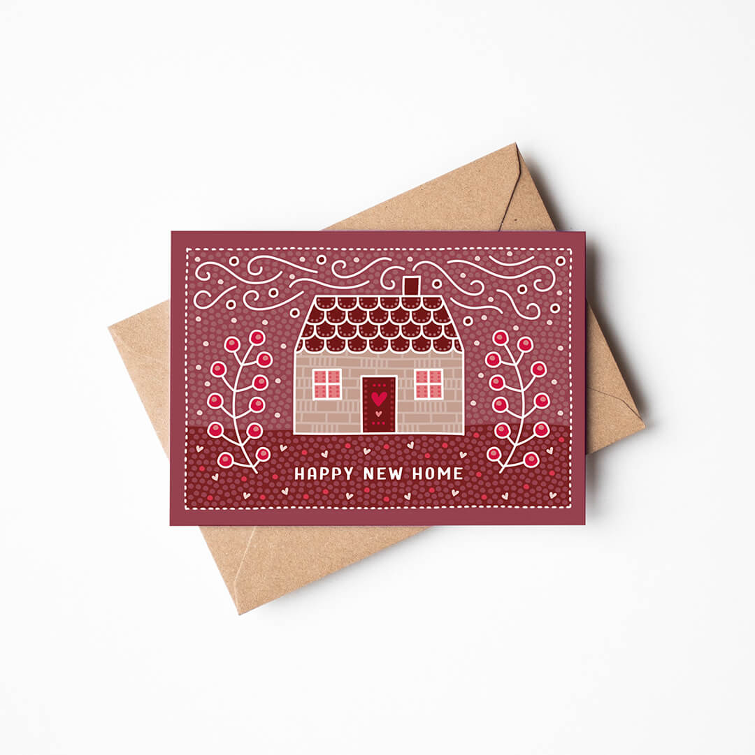 cute pink happy new home card unique cottage illustration new home card Printed on FSC-certified card and supplied with a recycled kraft brown envelope