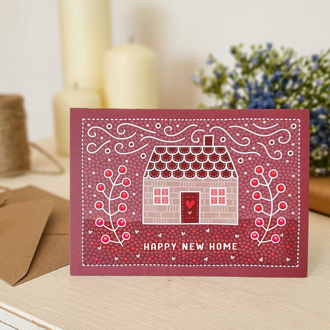pink new home card cute pink happy new home card with cottage illustration Printed on FSC-certified card and supplied with a recycled kraft brown envelope
