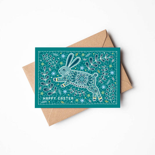 cute turquoise easter bunny card featuring adorable rabbit alongside floral and botanical illustrations