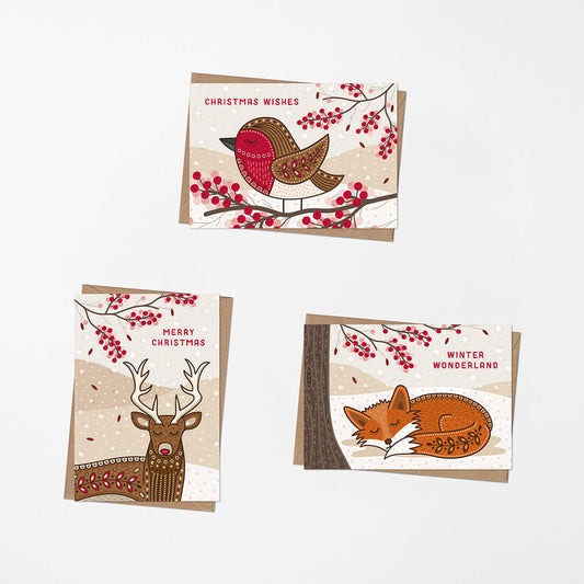 cute woodland animal christmas card multipack Blank inside Supplied with kraft brown recycled envelopes