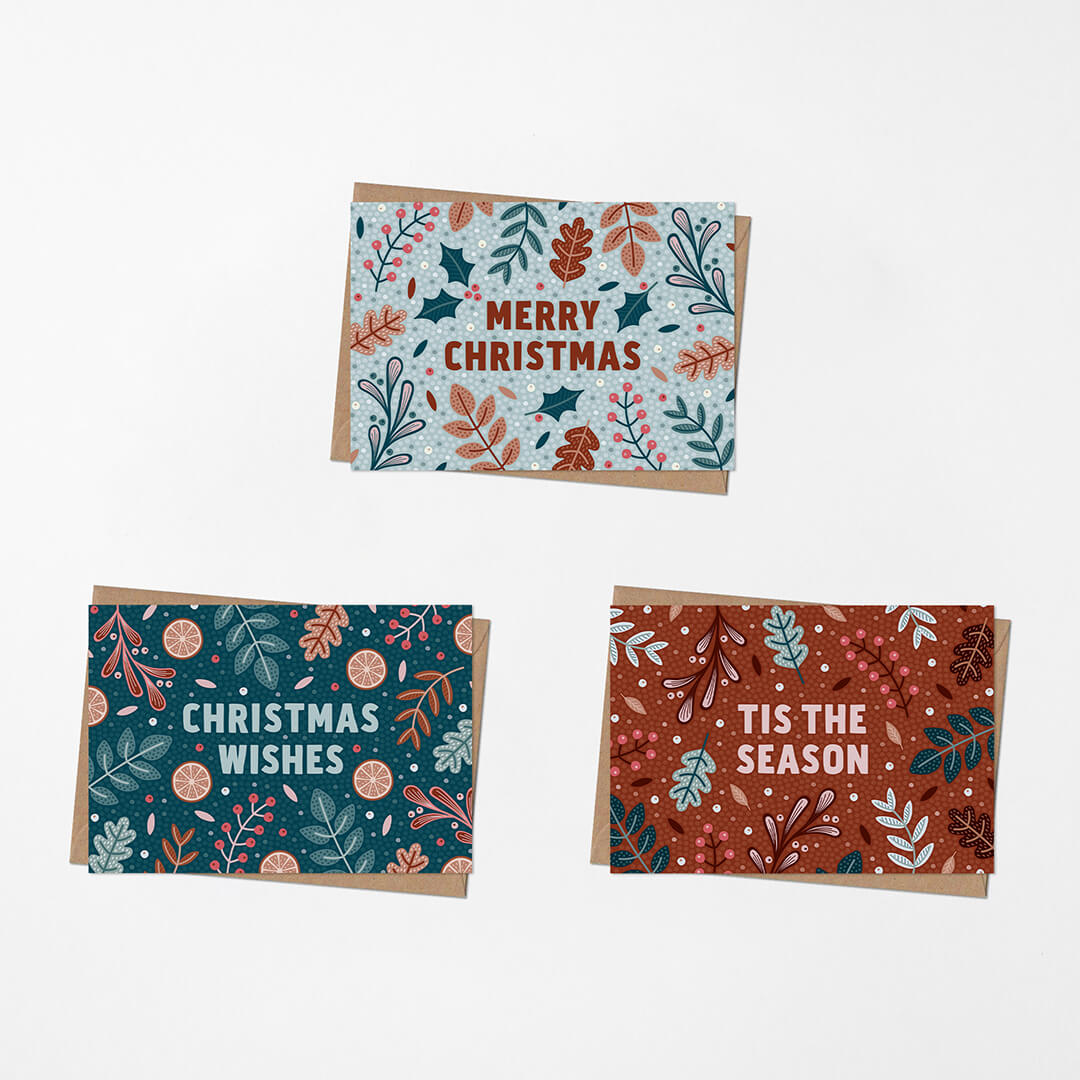 festive botanical christmas card multipack Blank inside Supplied with kraft brown recycled envelopes