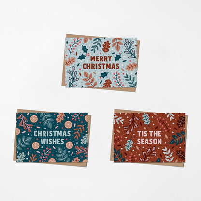 festive botanical christmas card multipack Blank inside Supplied with kraft brown recycled envelopes