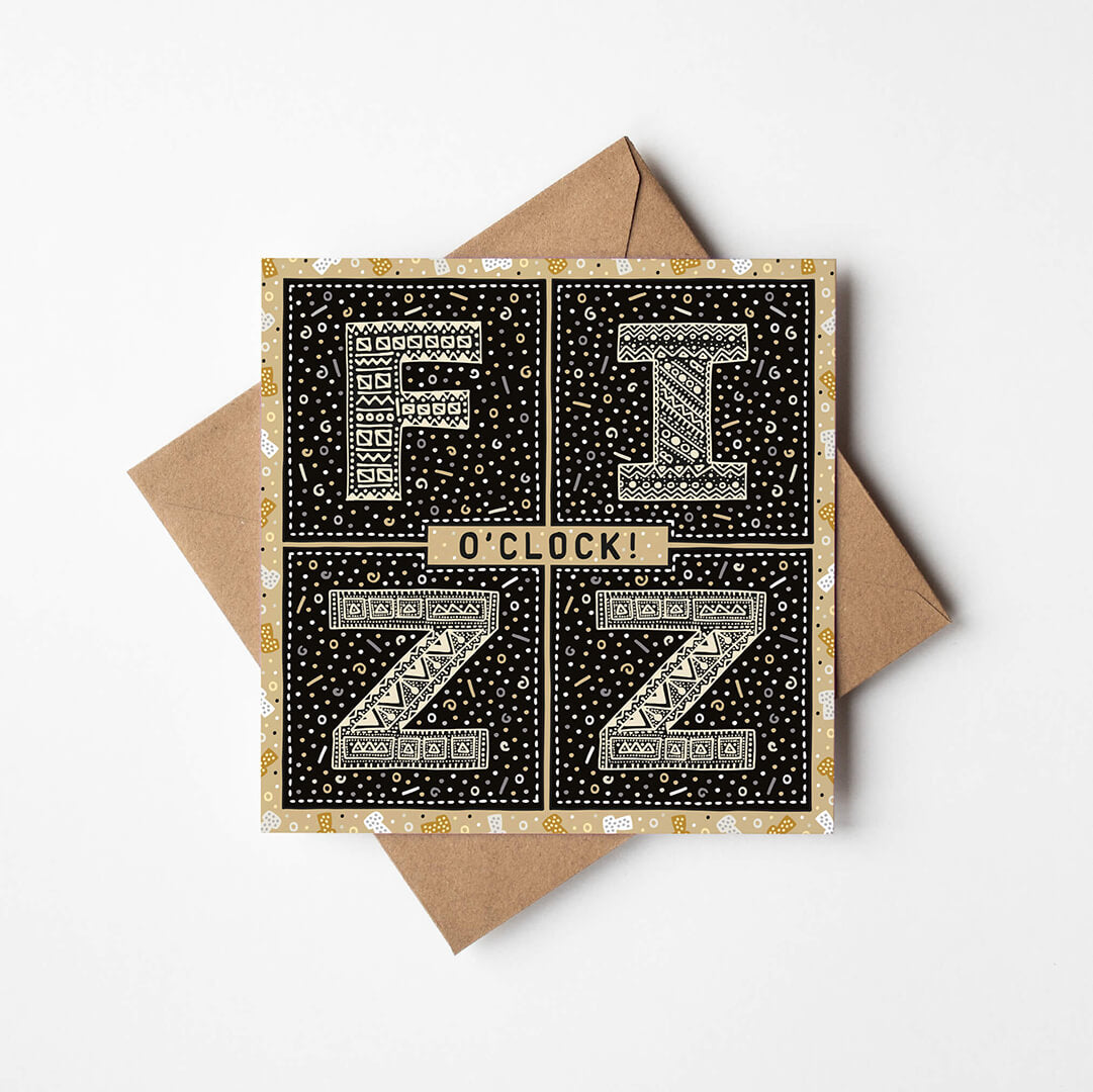 fizz o'clock prosecco birthday card unique typographic birthday card for friend Supplied with kraft brown recycled envelope Blank inside