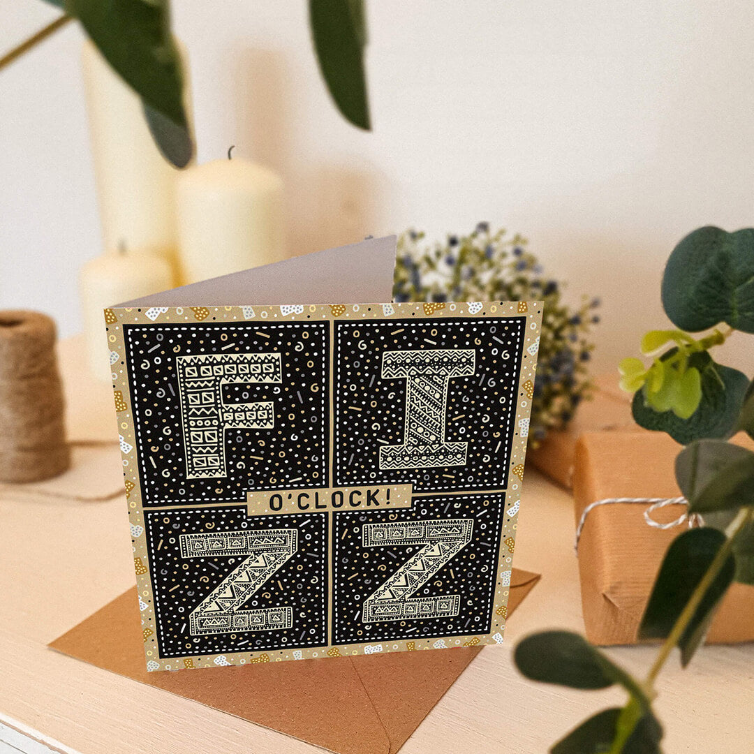 fizz o'clock prosecco birthday card Unique black and gold birthday card for prosecco lover Supplied with kraft brown recycled envelope Blank inside