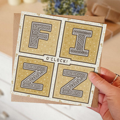 Hand holding unique fizz o'clock prosecco congratulations card Typographic congratulations card for her Printed on FSC-certified card with kraft brown recycled envelope Blank inside