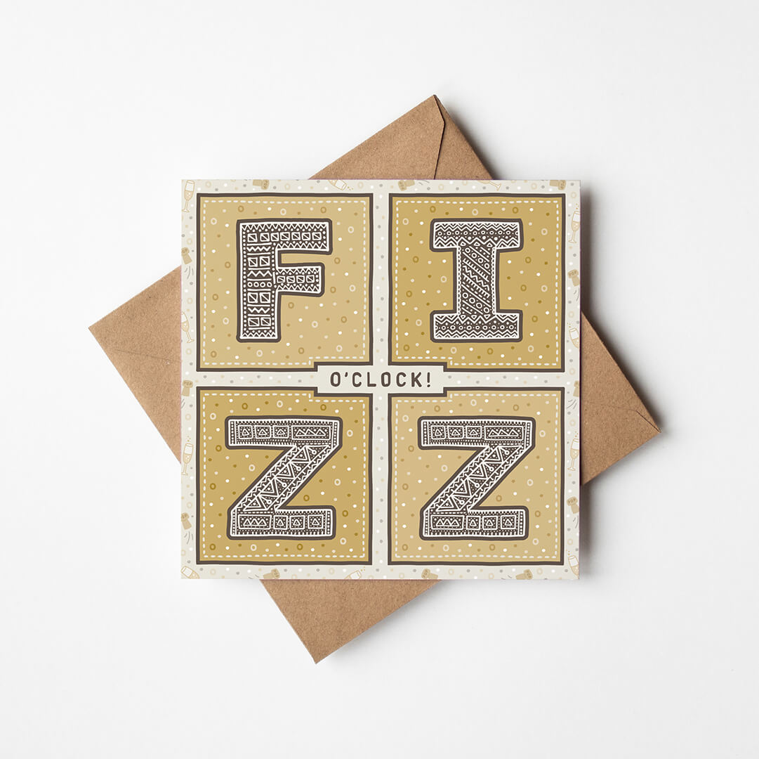 Fizz o'clock prosecco congratulations card Unique typographic congratulations card for friend Printed on FSC-certified card with kraft brown recycled envelope Blank inside