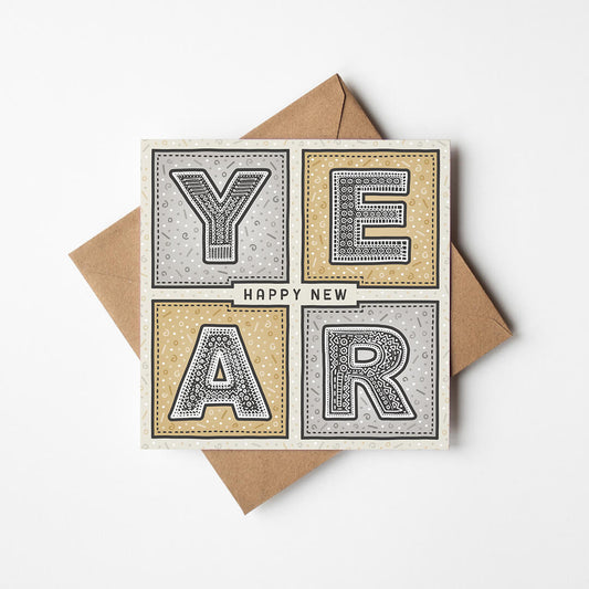 Unique New Year card with 'Happy New Year' message on a white background