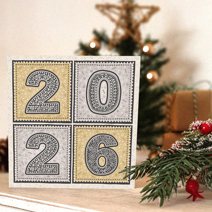 Gold and silver typographic New Year card Modern unique 2026 New Year card Printed on FSC-certified card with kraft brown recycled envelope Blank inside