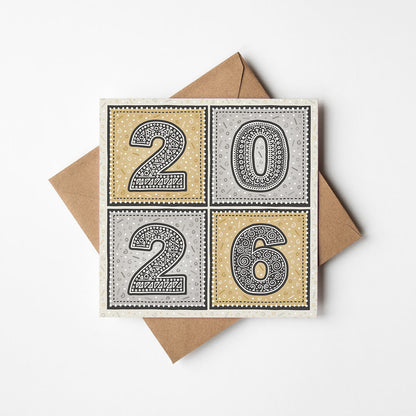 Gold and silver unique 2026 New Year card Modern typographic New Year card Printed on FSC-certified card with kraft brown recycled envelope Blank inside