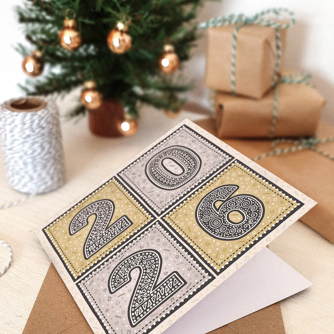 Unique gold and silver New Year card Modern typographic 2026 New Year card Printed on FSC-certified card with kraft brown recycled envelope Blank inside