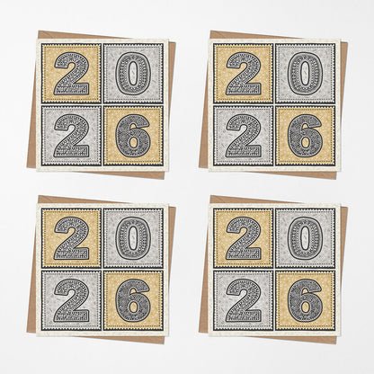 Pack of 8 unique gold and silver 2026 new year cards Unique typographic new year card multipack Printed on FSC-certified card with kraft brown recycled envelopes Blank inside 