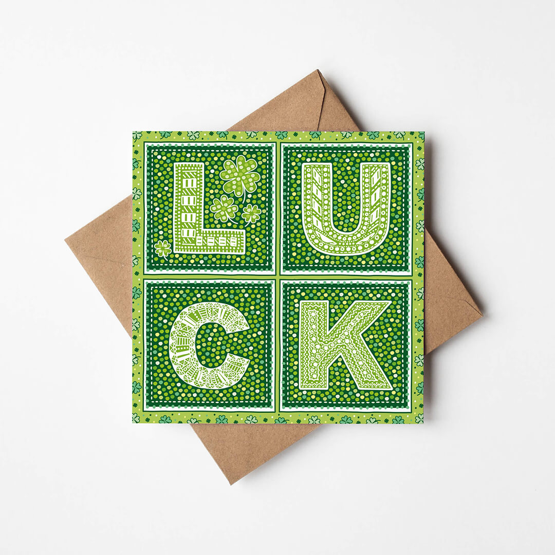 green shamrock good luck card Unique good luck card Kraft brown recycled envelope Blank inside