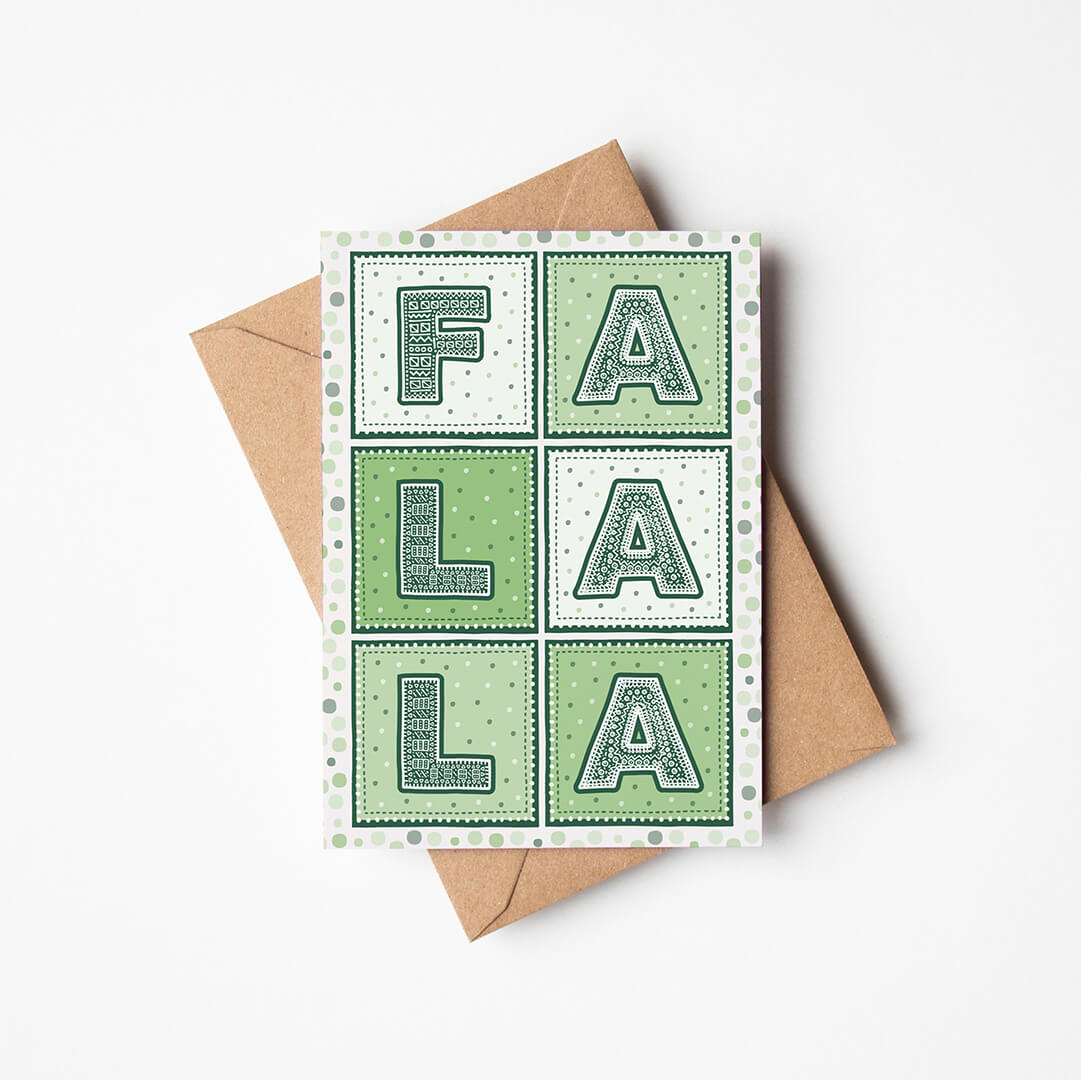 Fa La La Christmas card with green patterned typography on a white background