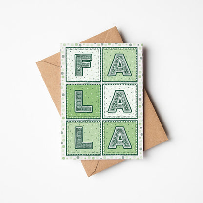Fa La La Christmas card with green patterned typography on a white background