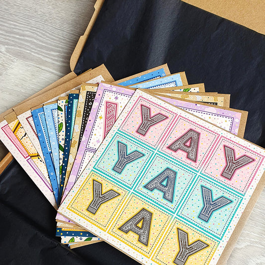 mystery box containing 10 colourful  illustrated greeting cards from Jess A Little Creative