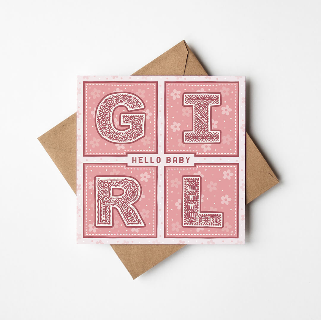 Pink new baby card Typographic pink hello baby girl card Printed on fsc-certified card Blank inside