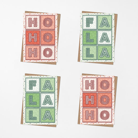 Four typographic red and green Christmas cards with 'HO HO HO' and 'FA LA LA' text on a white background.