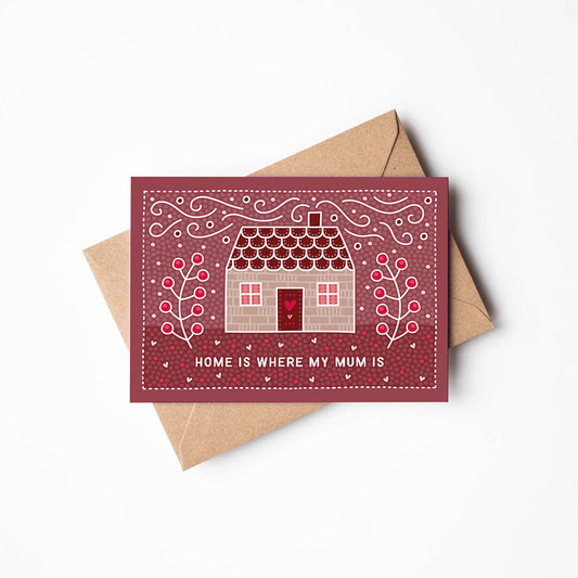 cute pink mother's day card featuring folk-art style cottage illustration and 'home is where my mum is' message