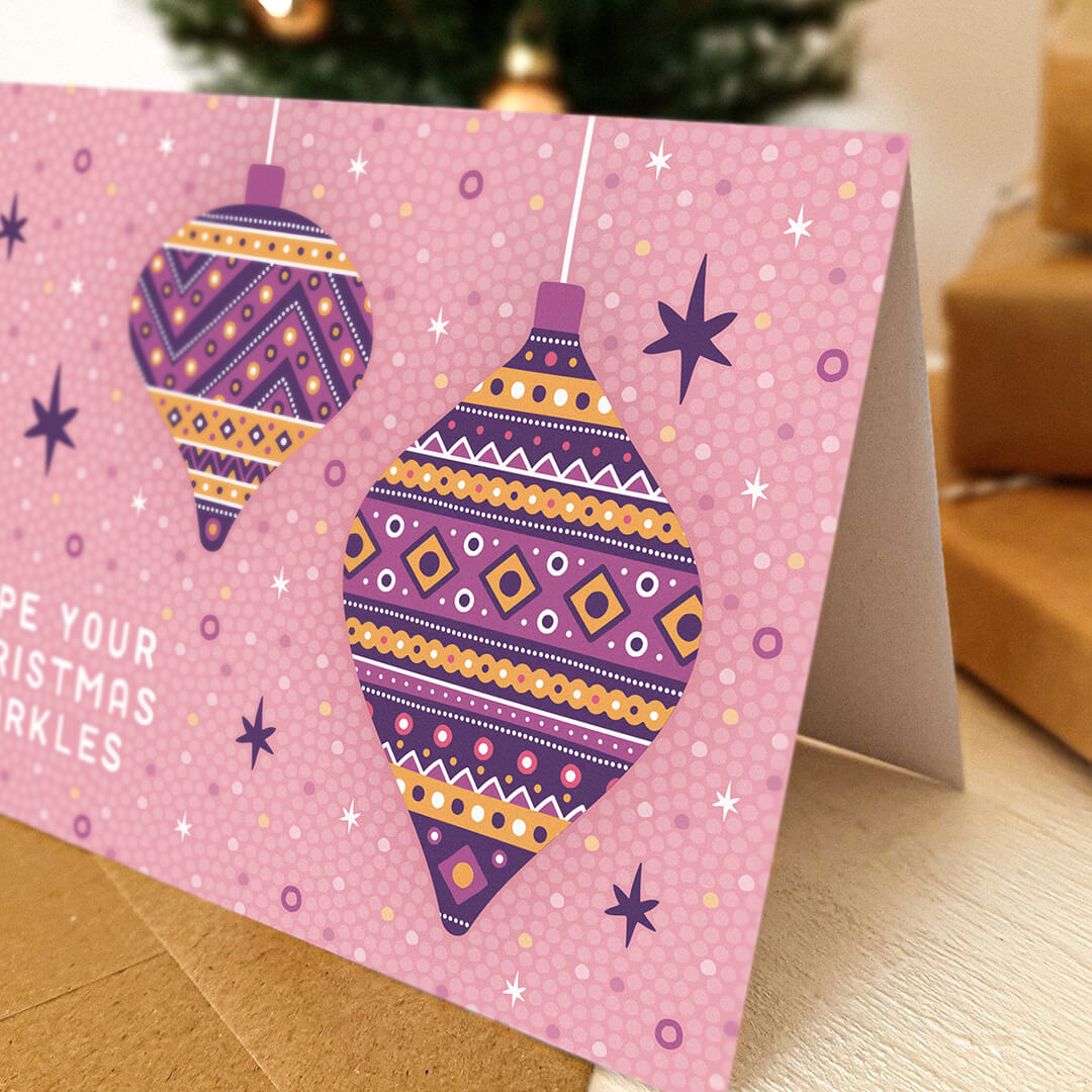 Light pink baubles Christmas card Geometric gold and purple baubles illustration Unique Christmas card Blank inside Recycled kraft brown envelope