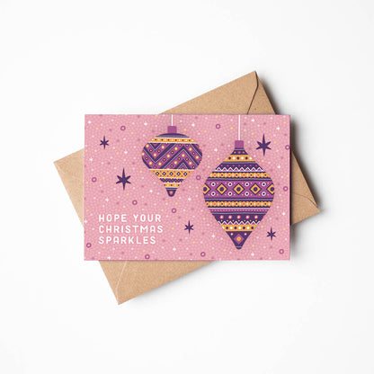 light pink baubles christmas card with hope your christmas sparkles message Blank inside Recycled kraft brown envelope