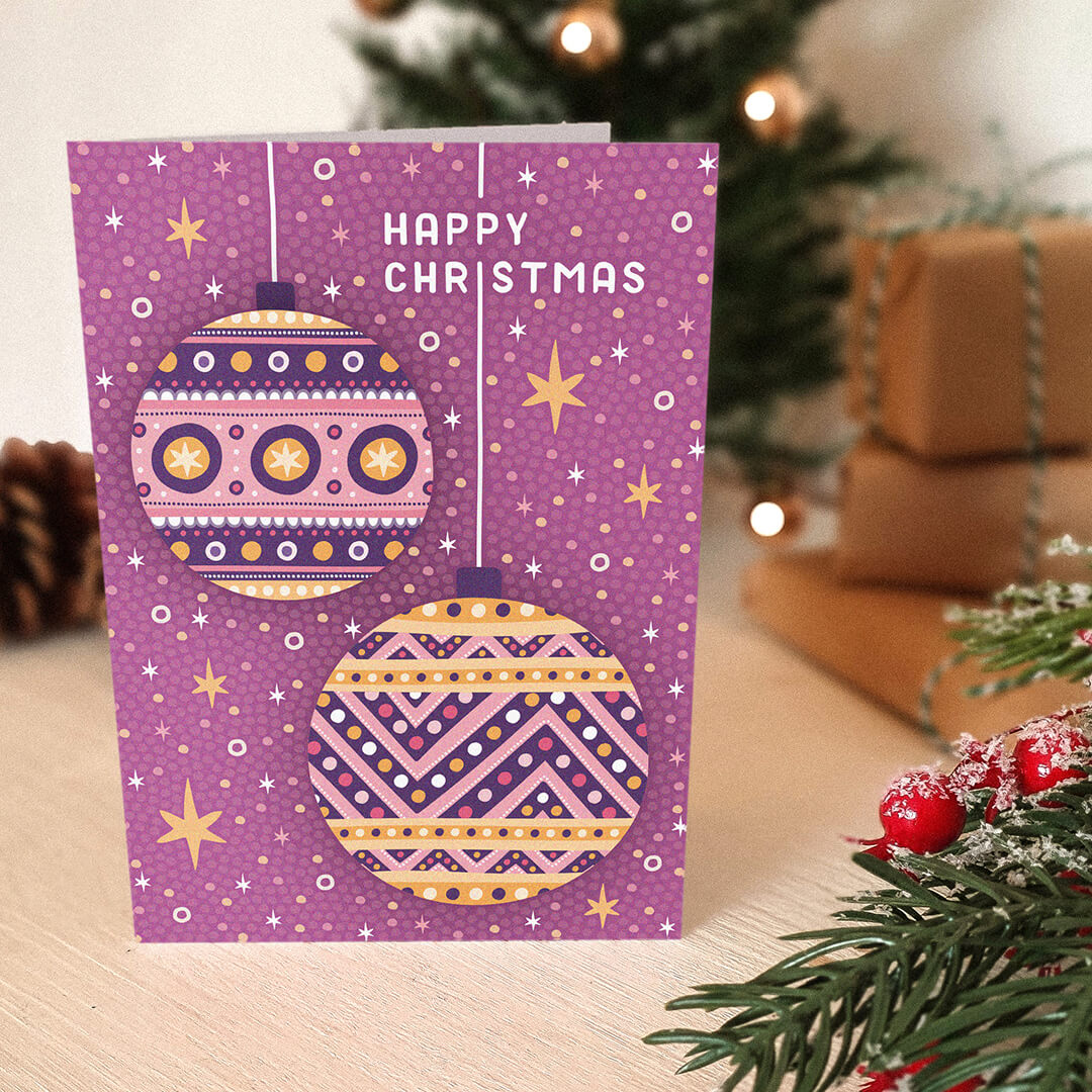 Illustrated Baubles pink Christmas card Kraft Brown recycled envelope Pink Christmas card design