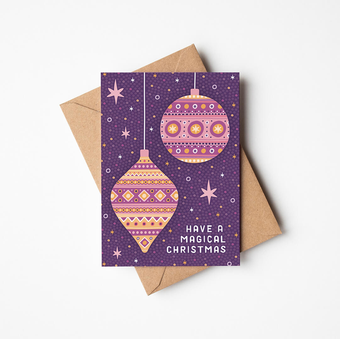 Illustrated Purple Baubles Christmas card Unique magical christmas card Printed on FSC-certified card Blank inside