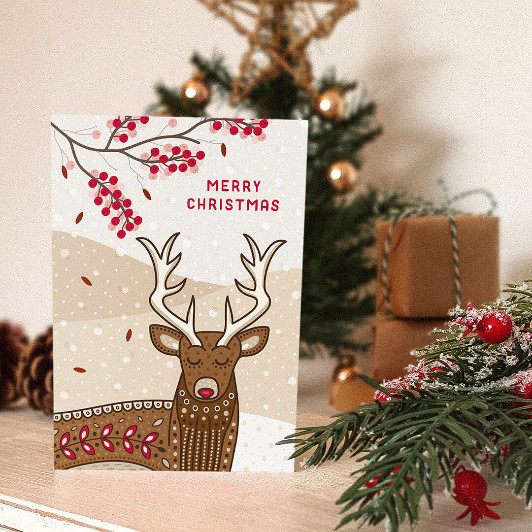 Unique brown and red stag Christmas card Adorable illustrated stag Christmas card Printed on FSC certified card
