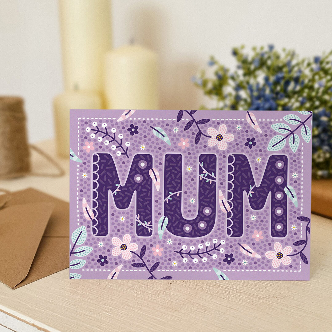 lilac floral botanical mother's day card with floral illustrations blank inside recycled kraft brown envelope