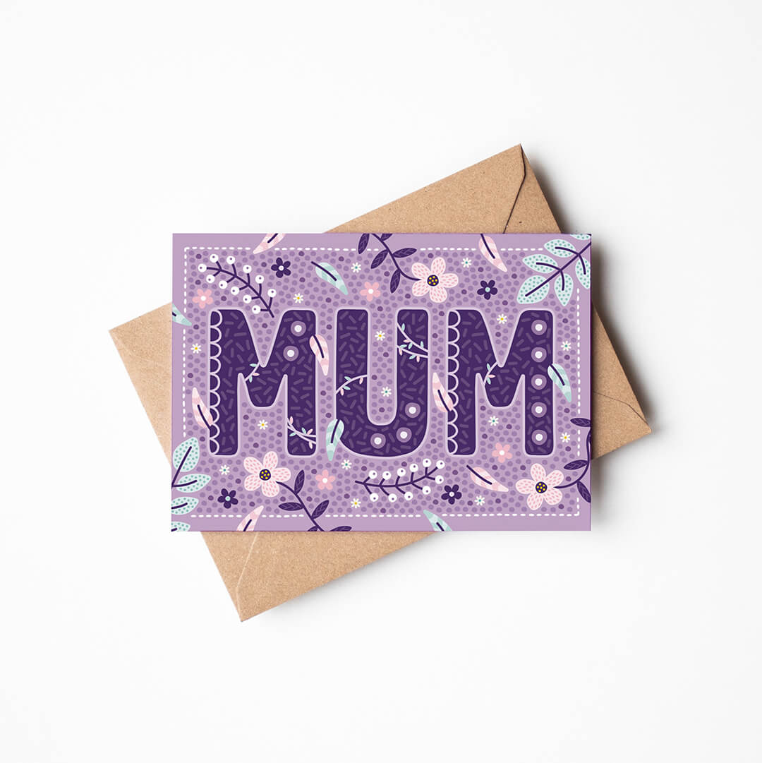 Lilac floral botanical mum card featuring lilac and pink botanical illustrations Unique mother's day card Blank inside Recycled kraft brown envelope