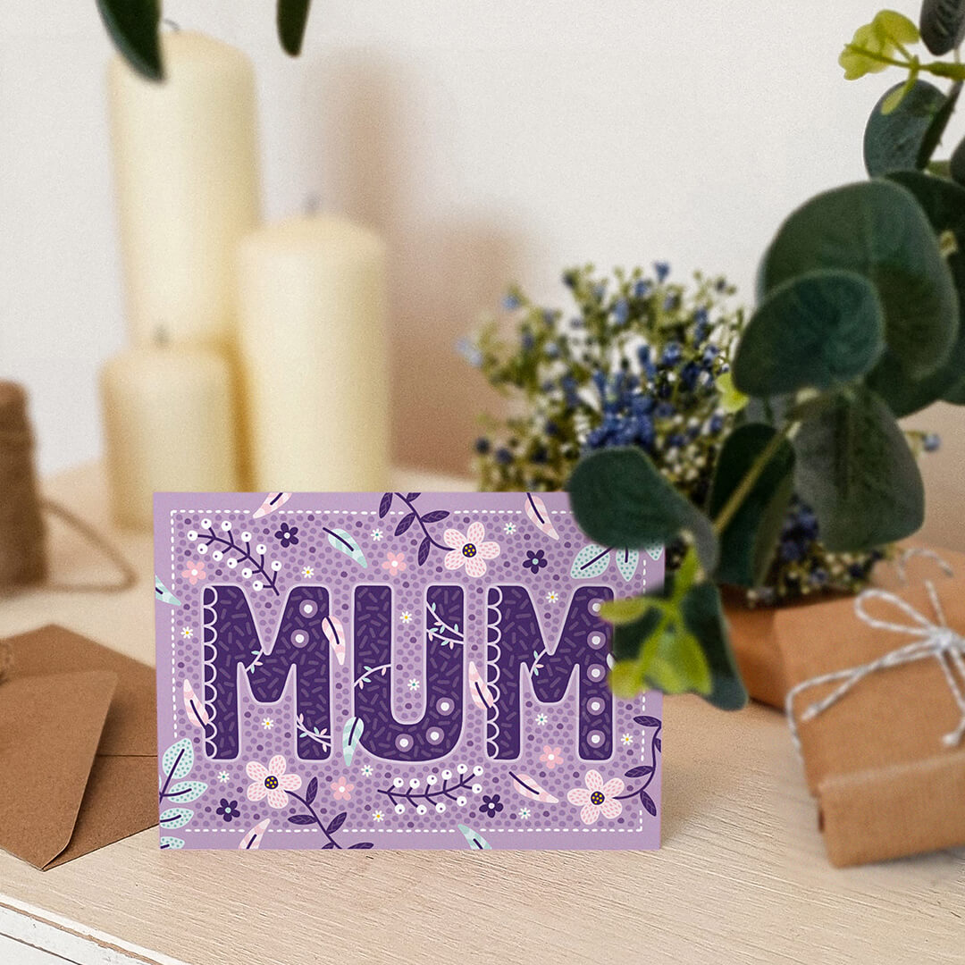 lilac floral botanical mum card with floral and botanical illustrations Unique mother's day card blank inside recycled kraft brown envelope