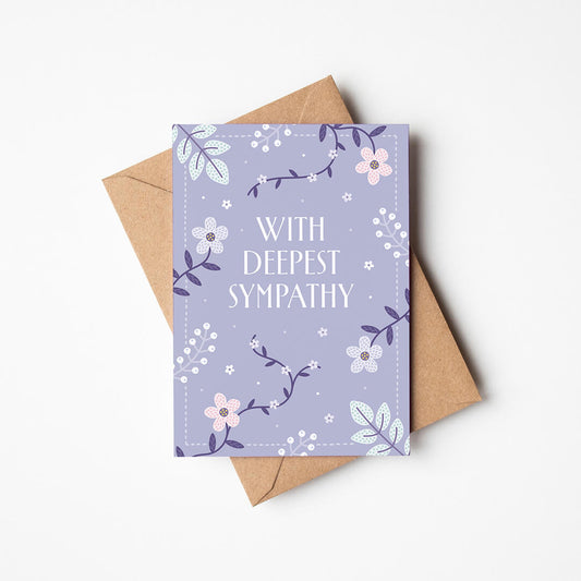 lilac floral with deepest sympathy card with a recycled kraft brown envelope