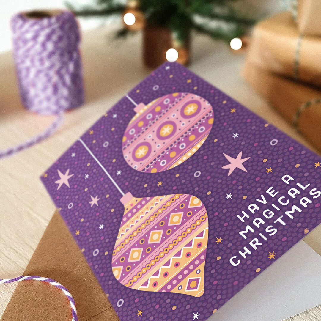 Unique gold and purple Christmas card Modern bauble illustration Christmas card Printed on FSC certified card
