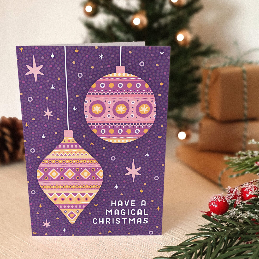 Magical gold and purple Baubles Christmas card Kraft Brown recycled envelope Purple Christmas card design