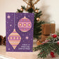 Magical gold and purple Christmas card with bauble illustrations Modern contemporary Christmas card design Printed on FSC-certified card Kraft brown recycled envelope
