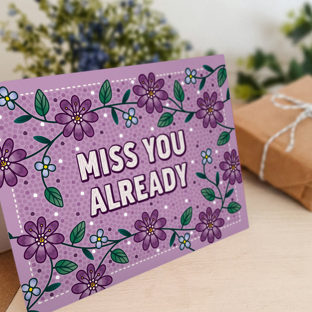 unique goodbye card for friend Purple floral miss you already card blank inside recycled kraft brown envelope
