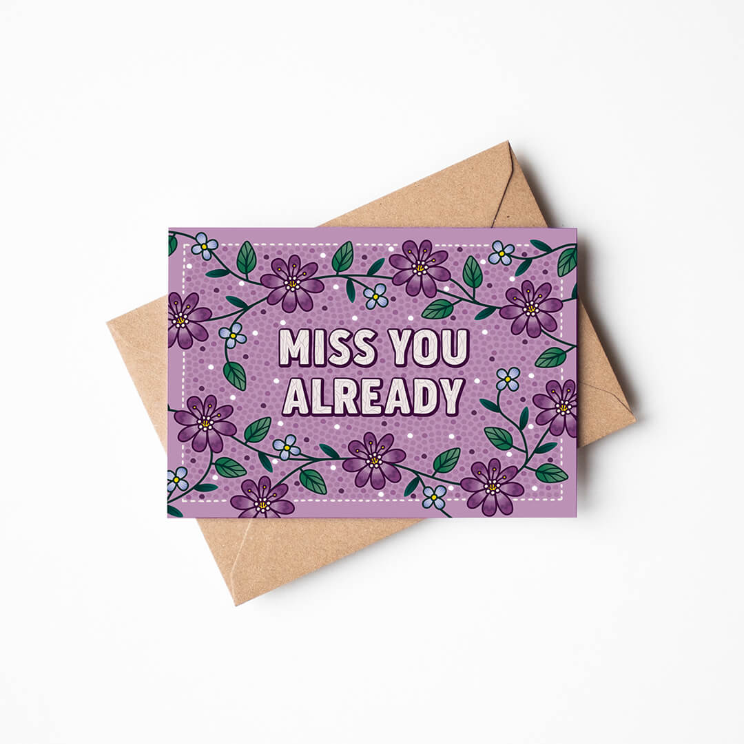 purple floral goodbye card featuring Miss You Already message and purple floral illustrations Unique goodbye card for friend Blank inside Recycled kraft brown envelope