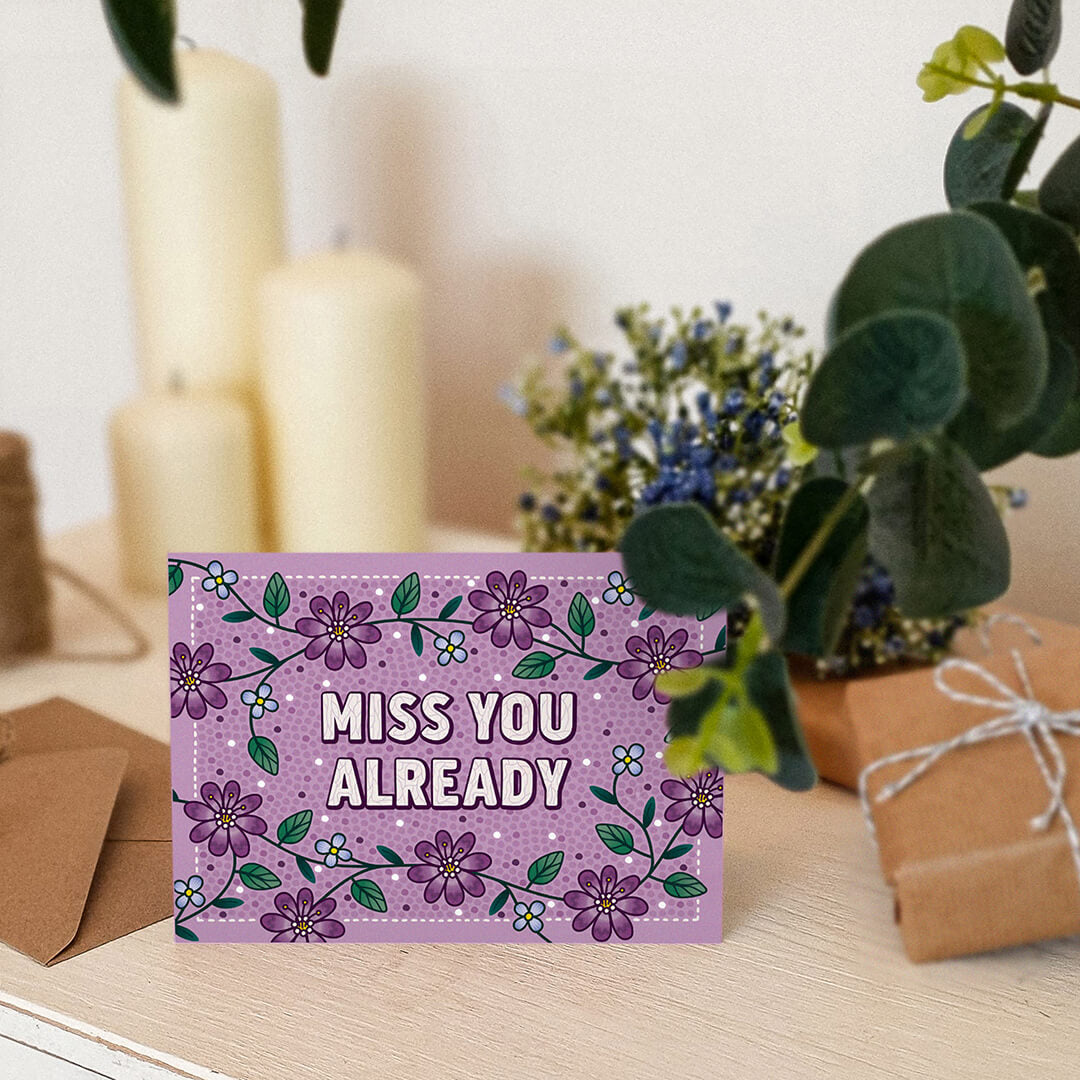 purple floral goodbye card with miss you already message blank inside recycled kraft brown envelope
