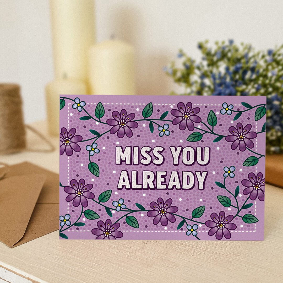 purple floral goodbye card with miss you already message blank inside recycled kraft brown envelope