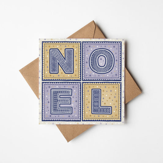 Purple and gold Noel Christmas card with 'NOEL' text on a white background