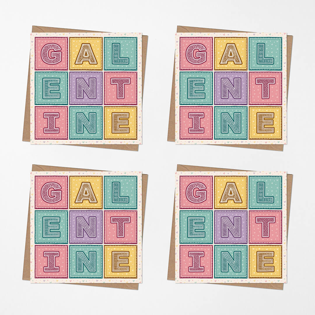 pastel love hearts galentine's day card multipack with recycled kraft brown envelopes