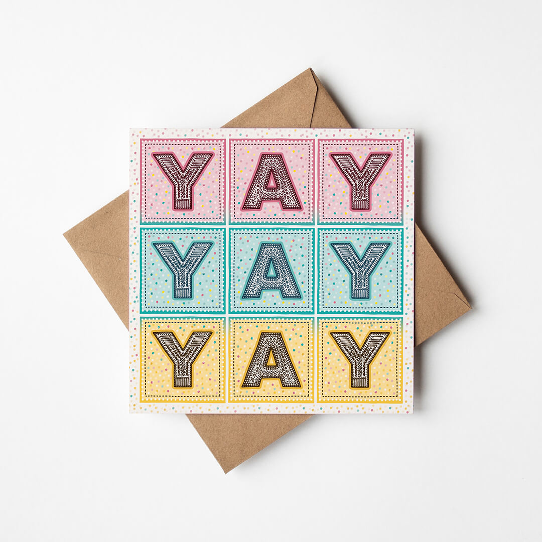 pastel yay yay yay congratulations card typographic congratulations card Printed on FSC-certified card and supplied with a recycled kraft brown envelope