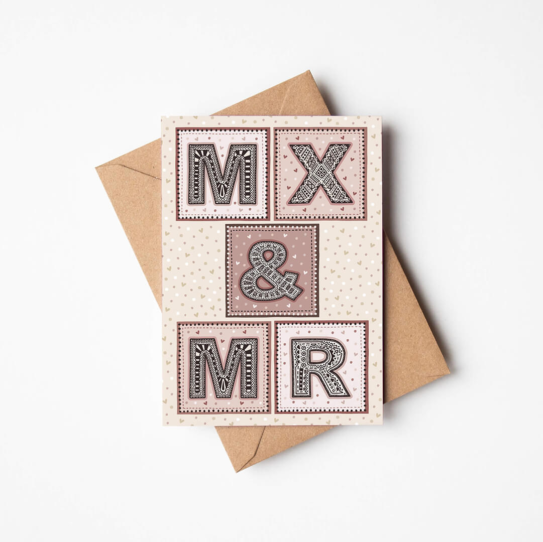 mx and mr gender neutral wedding card Pink and cream wedding card for male and non-binary couple Printed on FSC-certified card and supplied with recycled envelope