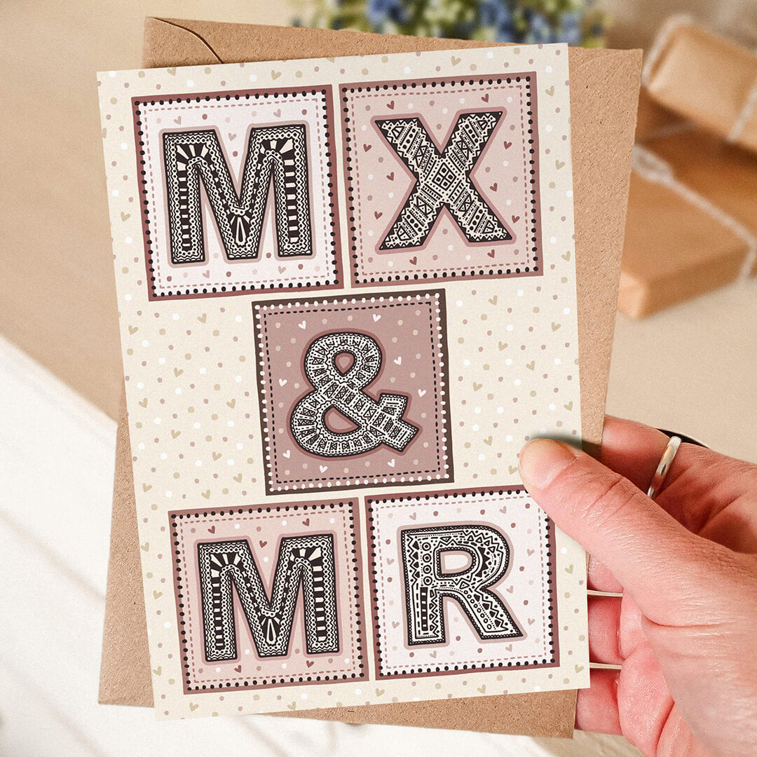 Mx & Mr gender neutral wedding card for male and non-binary couple Pink and cream gender neutral wedding card Printed on FSC-certified card and supplied with a recycled envelope