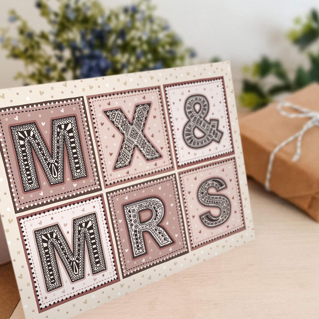 non gendered wedding card Pink and cream mx and mrs wedding card for female and non-binary couple Printed on recycled card and supplied with a recycled envelope