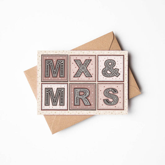 mx and mrs non gendered wedding card pink and cream wedding card for female and non binary couple Printed on FSC-certified card and supplied with a recycled envelope