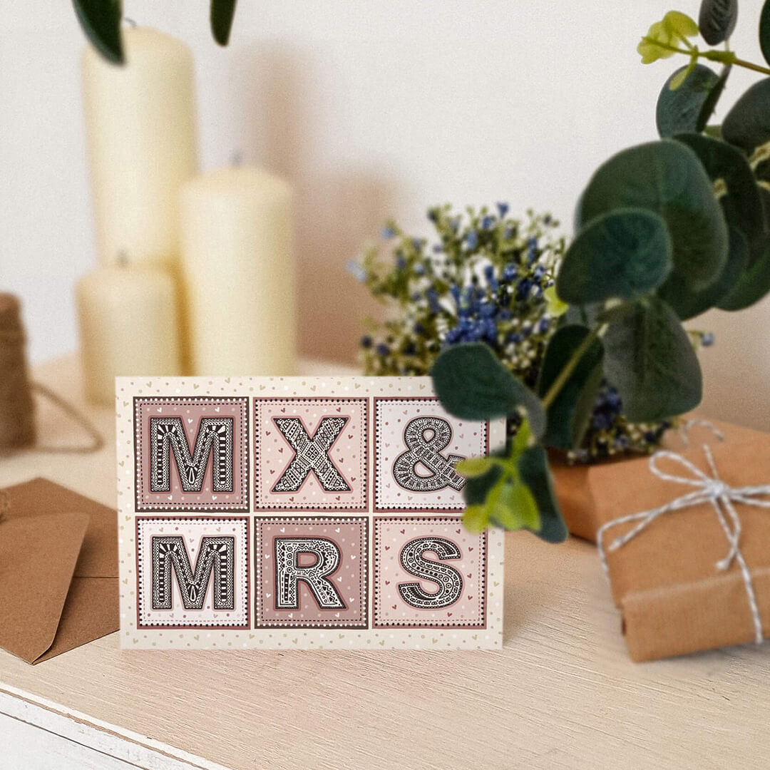 pink and cream mx and mrs non gendered wedding card for female and non-binary couple wedding Printed on FSC-certified card and supplied with a recycled envelope