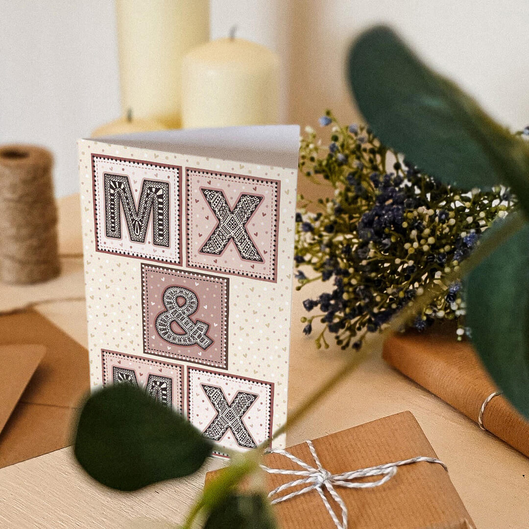 Mx and Mx non-binary wedding card Unique typographic pink and cream wedding card for non-binary wedding Printed on FSC-certified card and supplied with a kraft brown recycled envelope